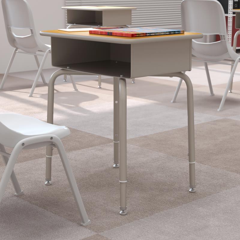 Student Height Adjustable Desk w/ Open Front Metal Box