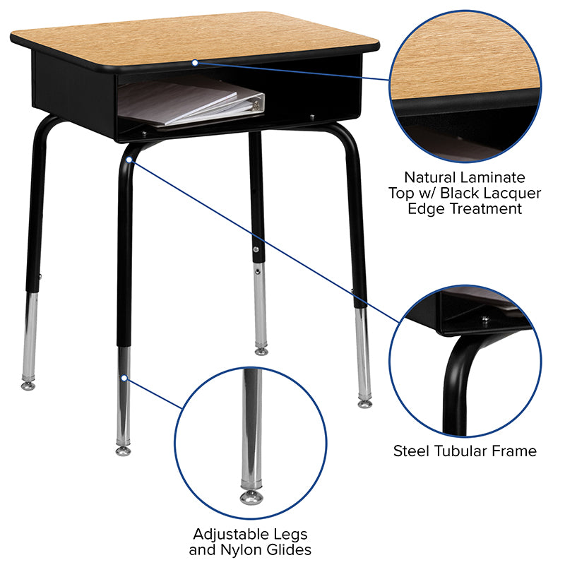 Student Height Adjustable Desk w/ Open Front Metal Box