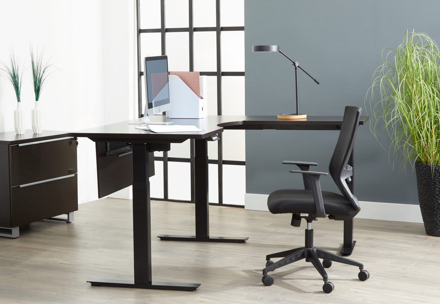 Kalmar 90 Degree Right Corner Standing Desk  Grey 